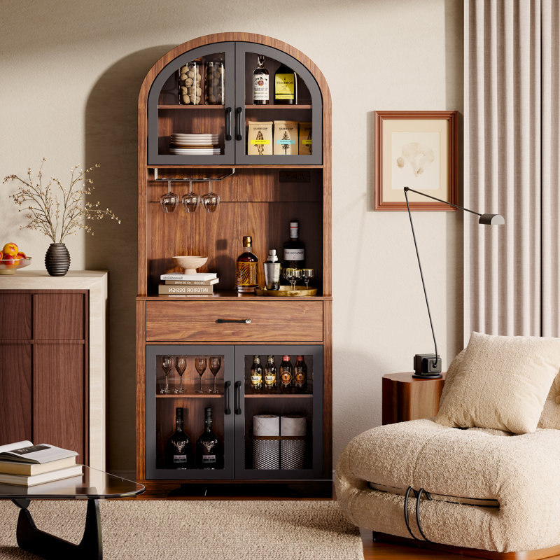  75" Arched Pantry Cabinet, Charging Station, LED, Glass Door, Drawer, Adjustable Shelves, Coffee Bar for Kitchen,Dining,Living Room,Walnut