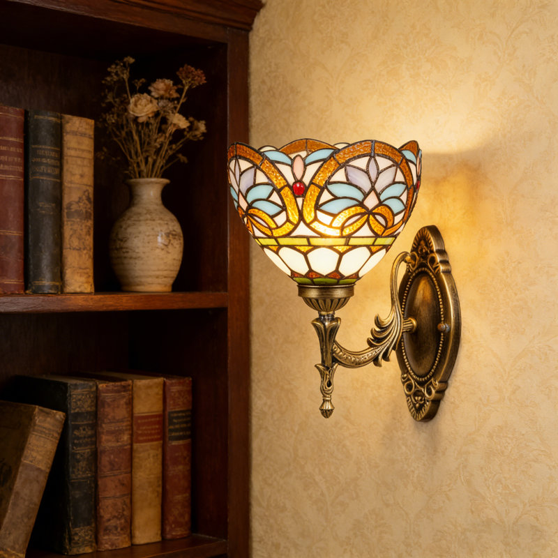 1-Light Tiffany-Style Stained Glass Wall Lamp With Bulb