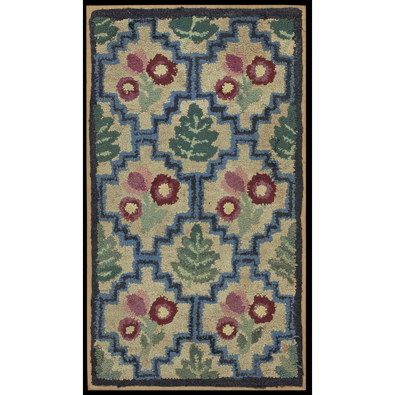 Small Size Ivory Color Antique American Folk Art Design Hooked Rug
