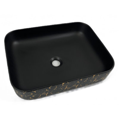 Lavabo carré en porcelaine avec finition noir mat et marbre doré