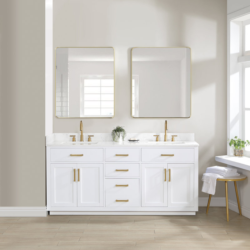 Ensemble de meuble-lavabo double avec miroir Gavino, Doré, Blanc, 72"
