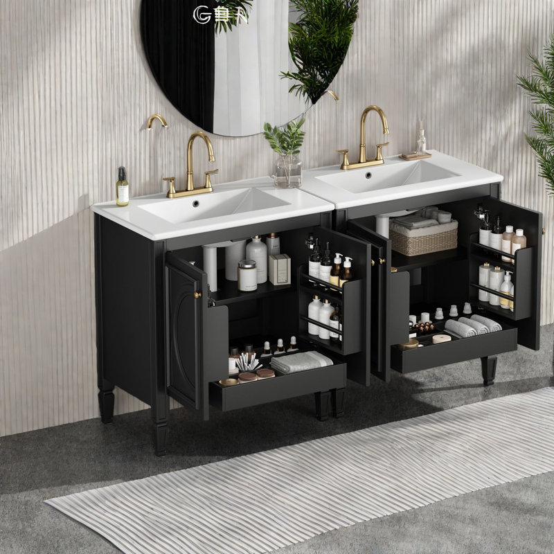de salle de bain à double cuve avec plateau en céramique, portes à fermeture douce, finition noire