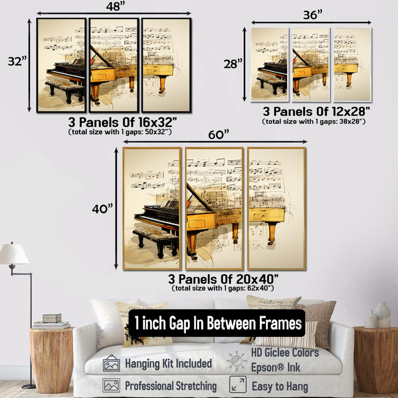 Acushnet - Ensemble de reproductions d'art mural piano, Cadre flottant noir, H 32 po x l 48 po x P 1 po