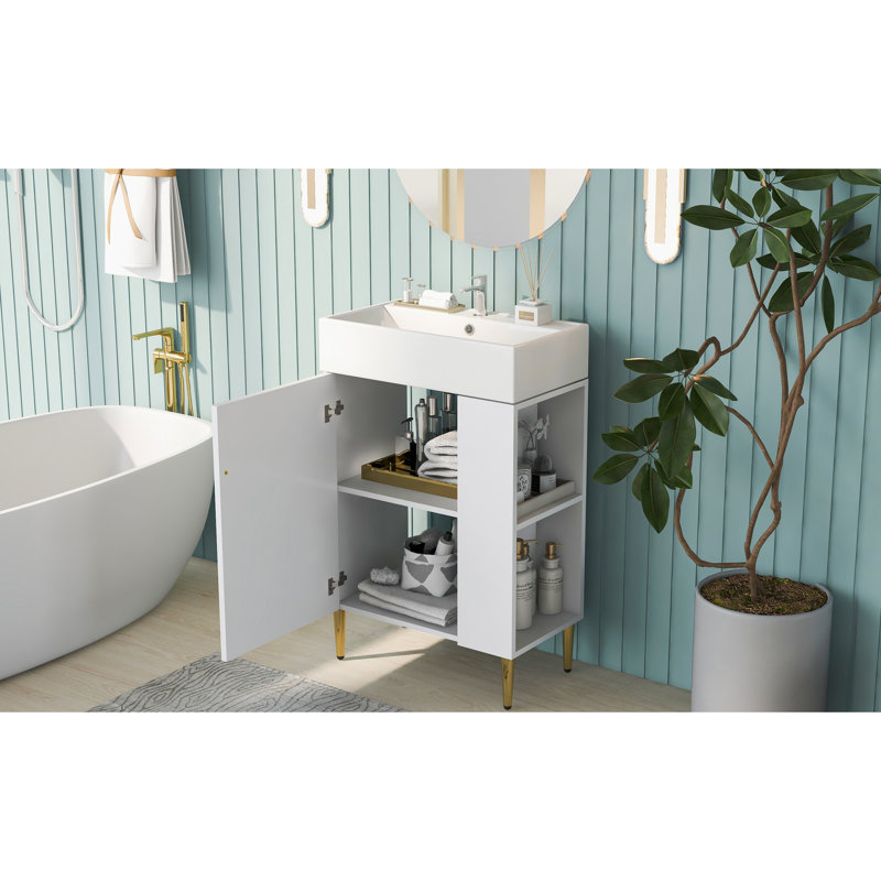 Meuble-lavabo blanc 21,6 po - Meuble-lavabo en céramique et meuble latéral droit, meuble-lavabo, armoire, porte, moderne