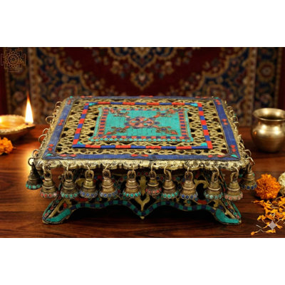 16-Inch Handcrafted Brass & Wood Inlay Chowki, Square Accent Table with Ghungroo Bells