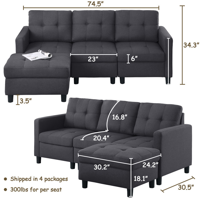 Canapé modulaire avec repose-pieds Kentrell, Gris foncé, H 34,3 po x l 74,5 po x P 30,5 po