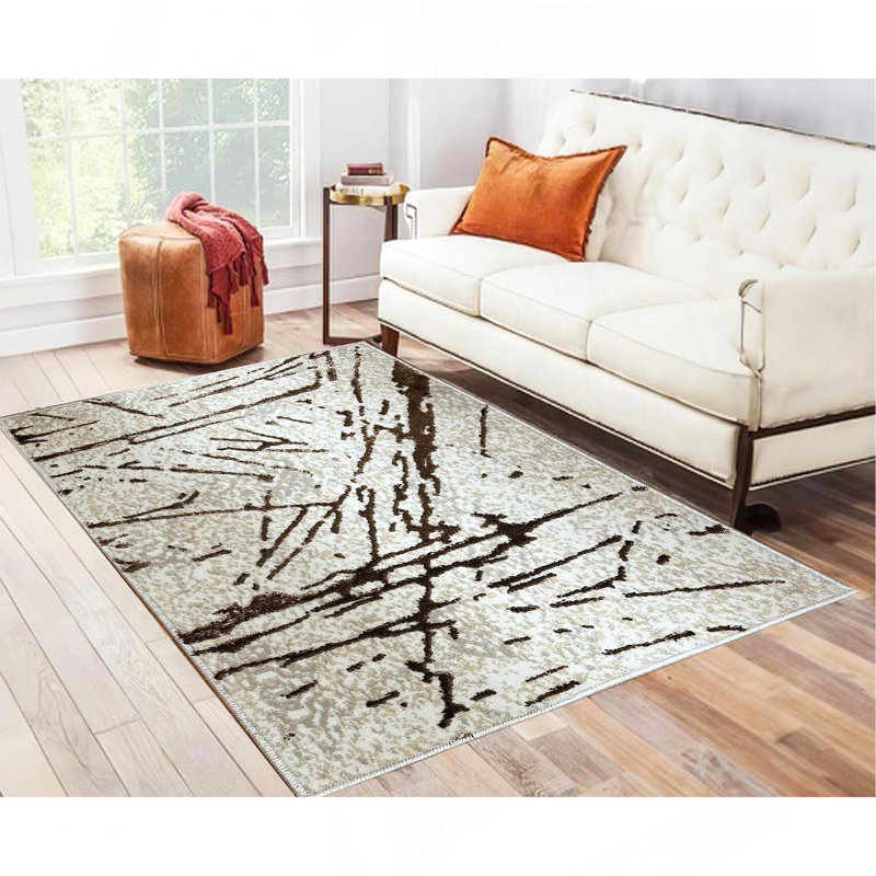 Tapis de luxe Shifra beige et gris avec motif abstrait bronze, Rectangle 7 pi 11 po x 11 pi 2 po