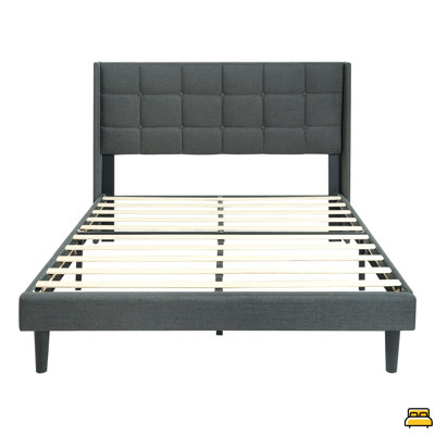 Queen Size Upholstered Platform Bed Frame With Modern Button Tufted Linen Fabric Headboard, No Box Spring Needed, Wood Slat Support, Easy Assembly