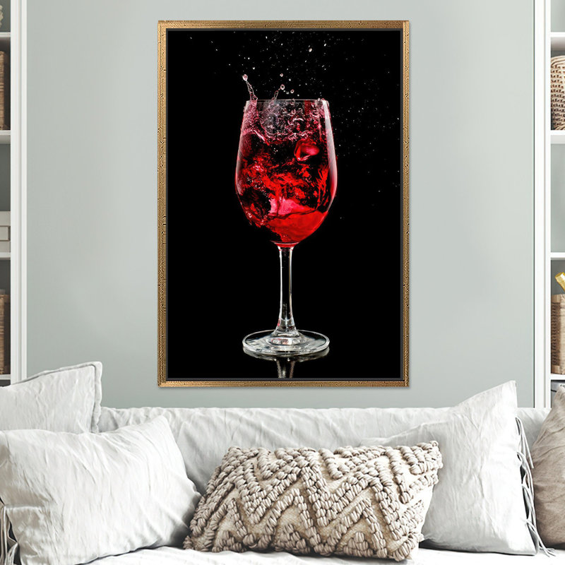 Élégante toile imprimée sur verre de vin rouge: décor de bar sophistiqué, toiles à cadre doré 1P