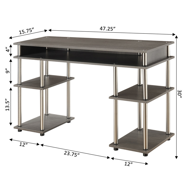 Bureau d'écriture avec tablettes sans outils Edwin, Gris anthracite / mâts argent