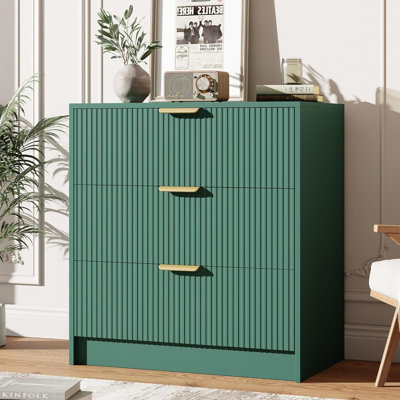 30" Tall 3-Drawer Fluted Nightstand, Modern Chest with Gold Handles, Multi-Function Organizer for Bedroom Living Room