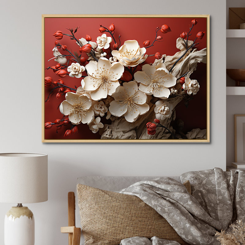 Orchidée blanche et rouge, branches de fleur V - art mural floral abstrait, H 30 po x l 40 po x P 1,5 po, Cadre flottant brun