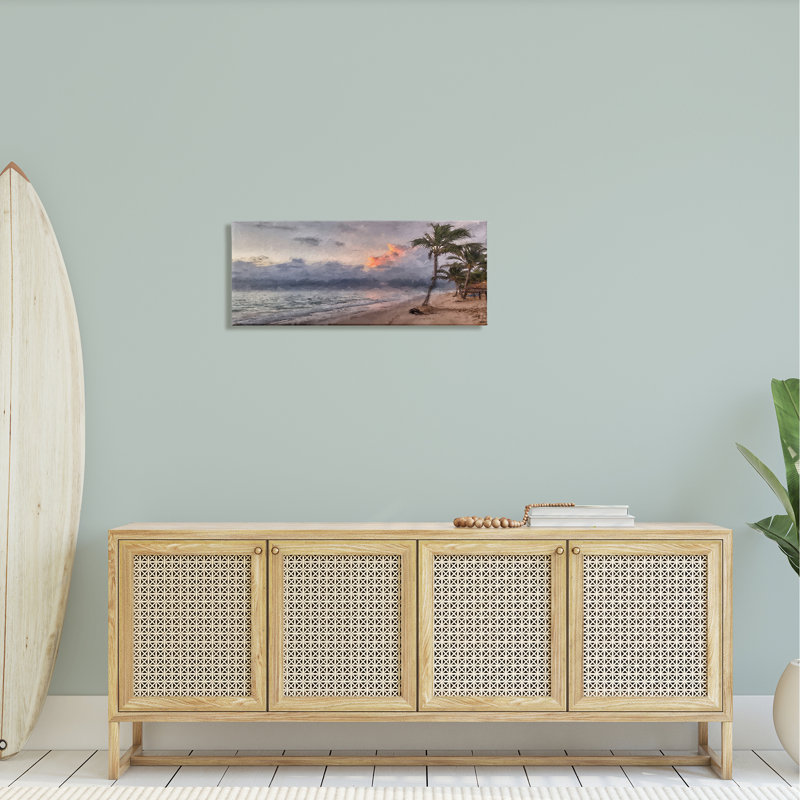 «Tropical Sunset Palm Trees Coast» par Kim Curationa - impression, H 13 po x l 30 po x P 1,5 po, Toile tendue