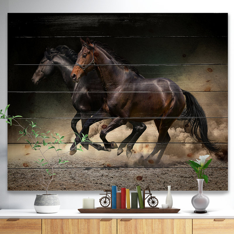 Animaux, chevaux, galop dans le désert, impression, H 30 po x l 40 po x p 1,5 po, Bois