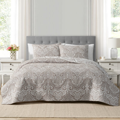 CEDAR COURT Ojai Medallion Stripe Taupe 3-Piece All-Season Soft Woven Matelasse Jacquard Cotton Blend Quilt Set