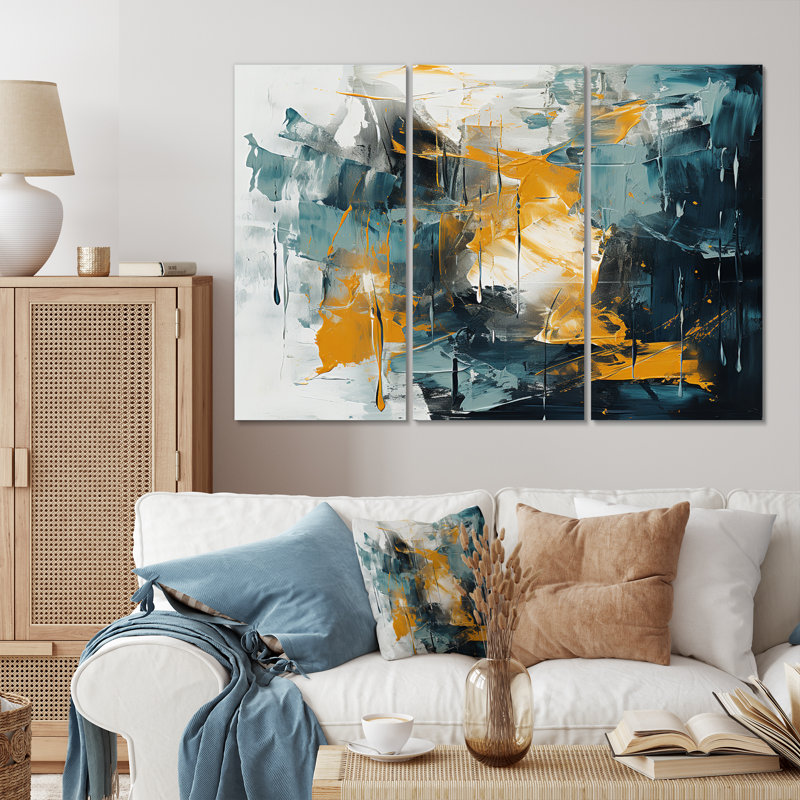 "Bliss Of Happiness" en jaune et bleu III sur toile, 3 pièces, H 28 po x l 36 po x P 1 po