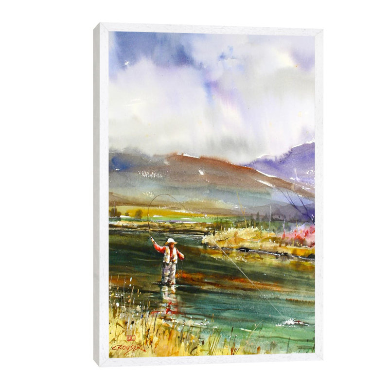 Fishing II by Dean Crouser - Painting on Canvas, 66.04 cm H x 45.72 cm W, White Framed