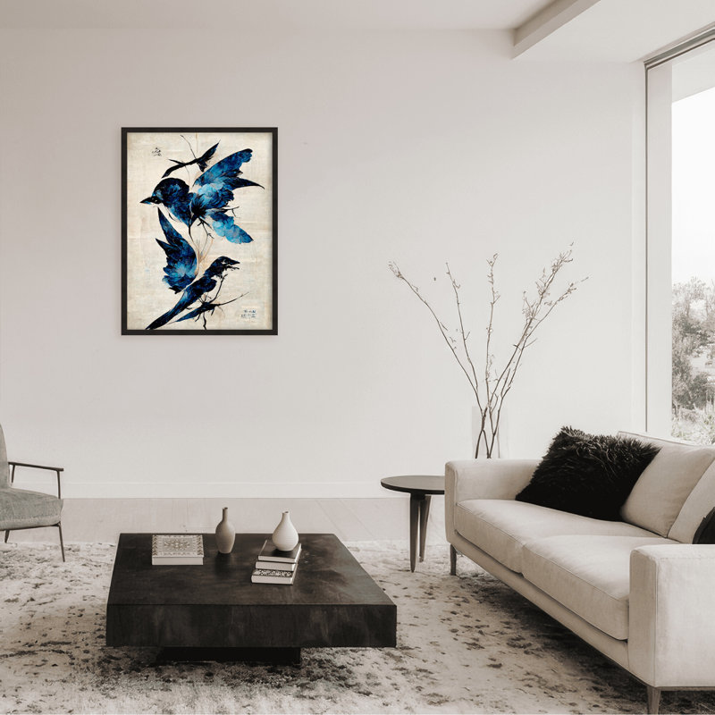 Nature Inspired Blue Birds, 30" H x 24" W x 1.125" D, Framed Matted Print, White