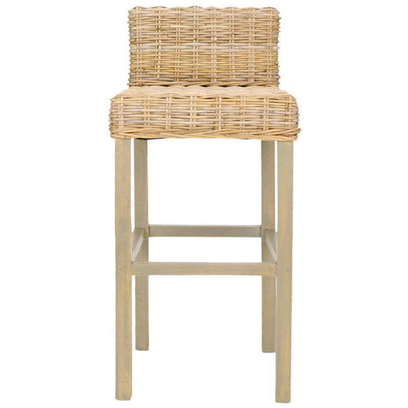 Montclare Cappuccino Mango Wood Bar Stool - Woven Rattan Back & Seat, Bohemian Style, Antique Gray
