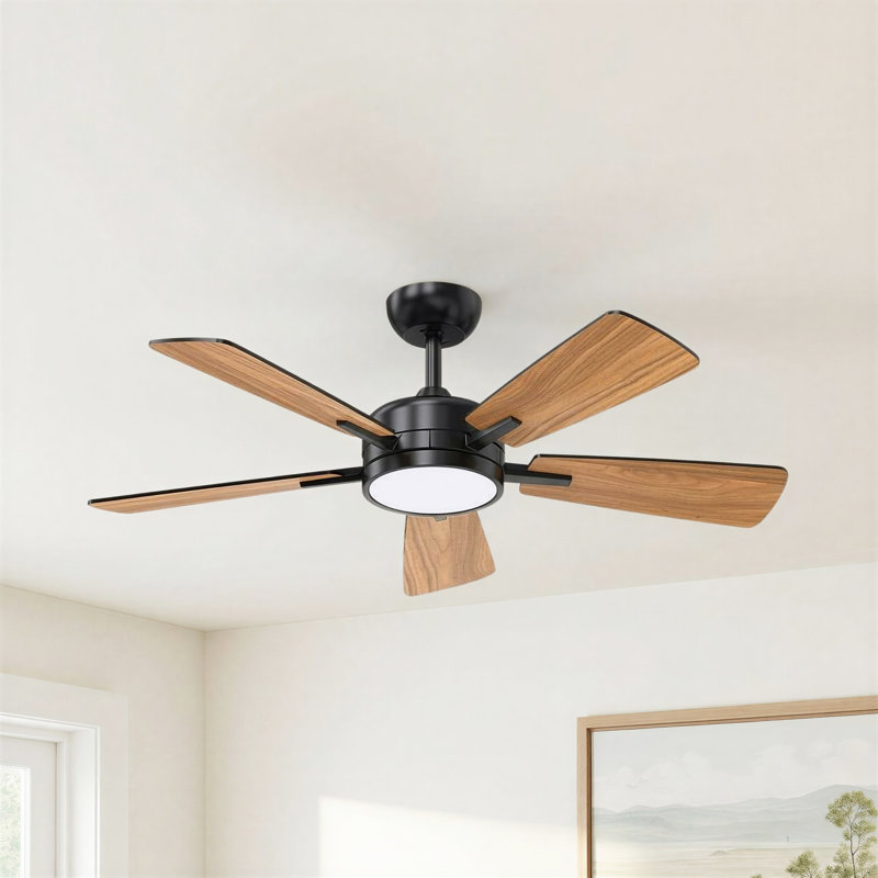 Ayan 46 Inch Ceiling Fan With Light With Remote Control, Dimmable Three Color Temperature, Black with Walnut/Black Blades
