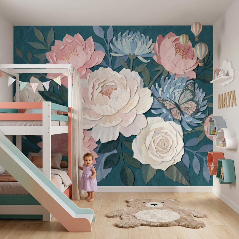 Papier peint froissé à motif floral et papillons, 80"x96", Peel and Stick
