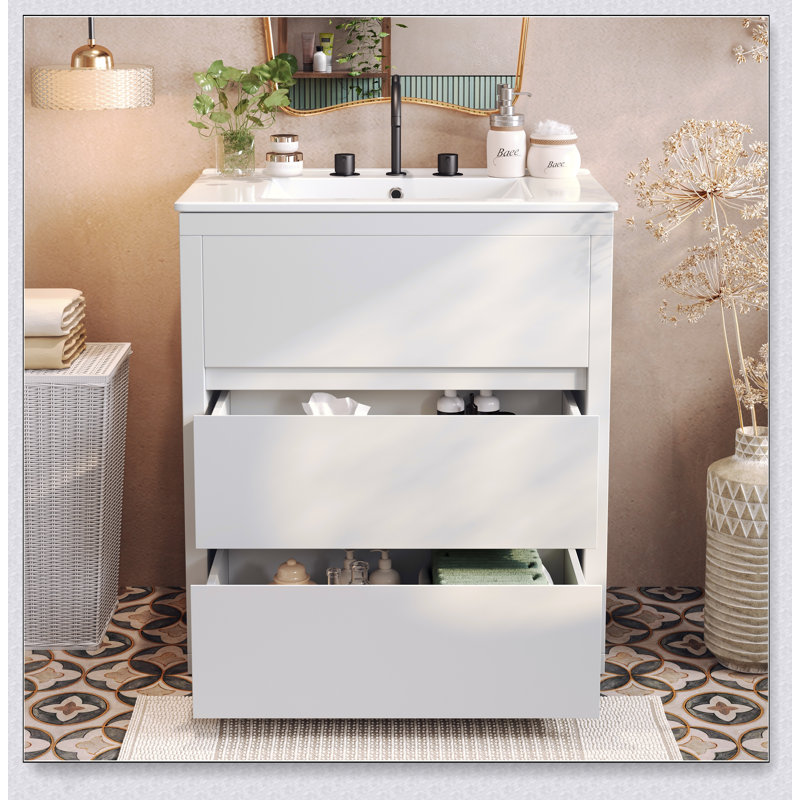 Meuble-lavabo autoportant de 30 pouces avec lavabo en céramique et tiroirs pleine extension à fermeture en douceur, conception sans poignée à 45 degrés pour les salles de bain modernes