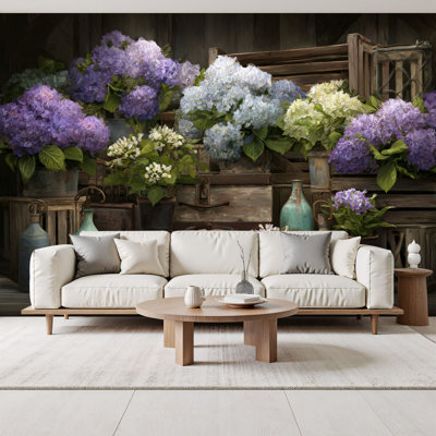 Peel and Stick Wallpaper Hydrangea Garden Detailed Botanicals Soft Shadows Wall Murals 69"H x 96"W Removable PVC Wall Paper Self-Adhesive Wall Decor for Bedroom Living Room Home Office