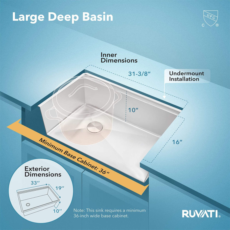 Ruvati 33-inch Workstation Slope Bottom Offset Drain Undermount 16 Gauge Kitchen Sink