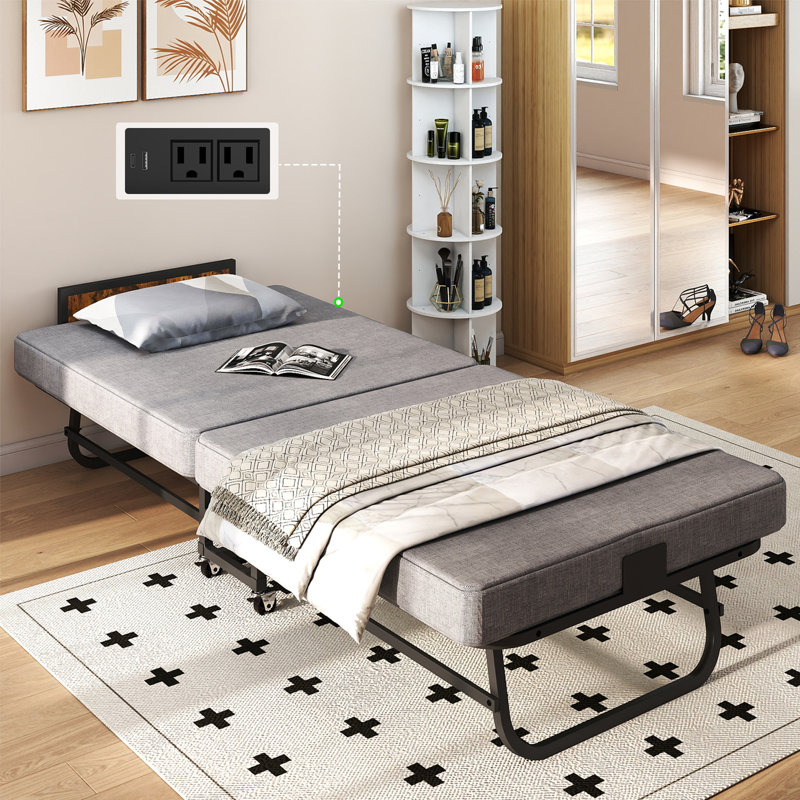 Folding Bed with Charging Station and Side Storage Pocket,Fold Up Roll Away Bed with Headboard and Memory Foam Mattress,Space-Saving