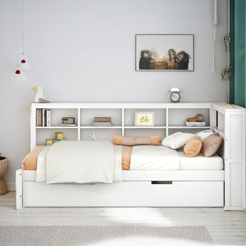 Hanin Wood Daybed with Trundle, Storage Shelves and Charging Station, Twin, White