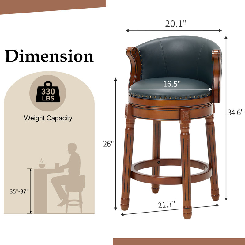 Tabouret de bar pivotant avec siège en cuir fleur, dossier souple, structure et repose-pieds en bois d'hévéa pour la cuisine, la salle à manger ou le bar