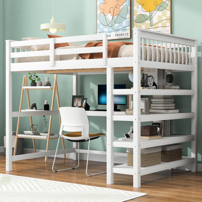 White Full Size Loft Bed With Storage Shelves & Desk - Space Design And Elegant