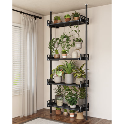 Black Floor-to-Ceiling Tension Pole Plant Stand, Adjustable Hanging Shelf for Living Room/Bedroom
