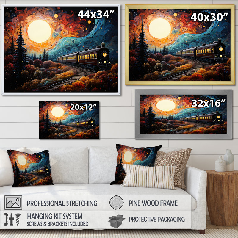 Train enchanted voyage pointillisme sur toile, Toile tendue, H 24 po x l 32 po x P 1 po