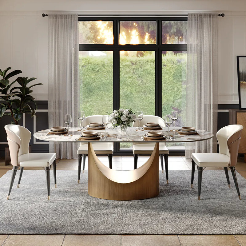 7 Pieces Dining Room Sets, Pre-Assembly Oval Dining Table Sets, Sintered Stone Tabletop Kitchen Dining Table Set With Upholstered Chairs