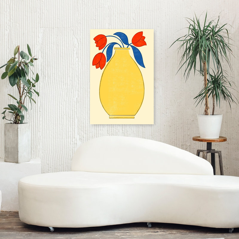 «Vibrant Tulips», vase jaune abstrait, tulipe colorée et audacieuse fleur printanière, impression murale, 36" H x 24" W