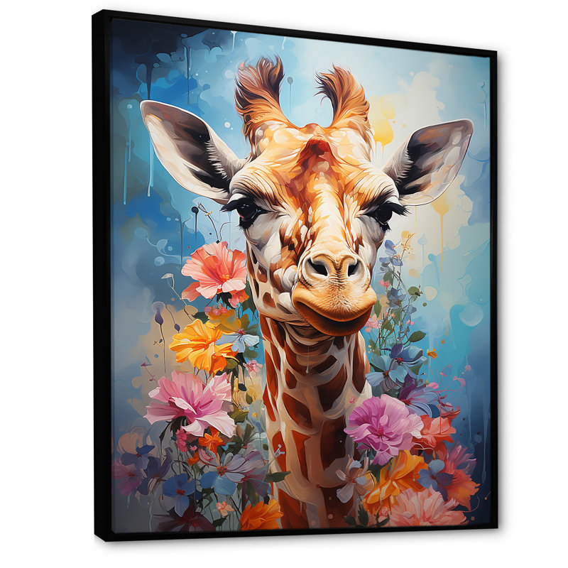 Popart Art, girafe multicolore Grace I sur toile, Cadre flottant noir, H 32 po x l 16 po x P 1 po