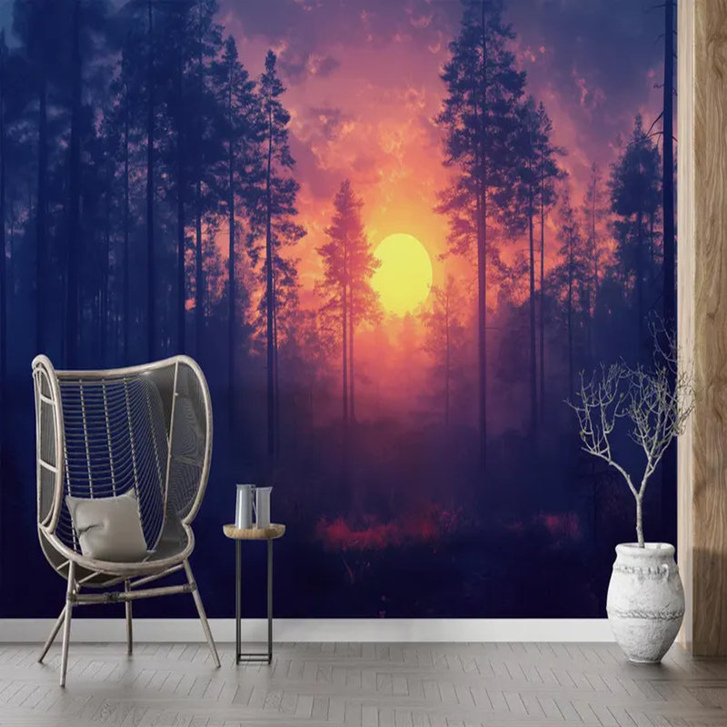 Coucher de soleil sur la sérénité dans la forêt de pins, L 108 po x l 96 po