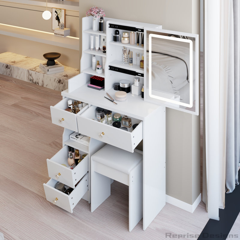 29.2" Small Size Left Drawer Desktop Vanity Table with Cushioned Stool and Brightness Adjust LED Mirror, White