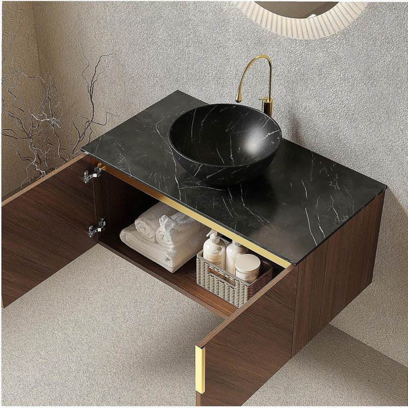 ARAI 36" Bathroom Vanity & Sink, Floating Plywood Bathroom Storage Cabinet with Double Doors, Black Sintered Stone Countertop & Black Bowl Ceramic Basin with Stone Pattern, Brown Oak Woodgrain Colour