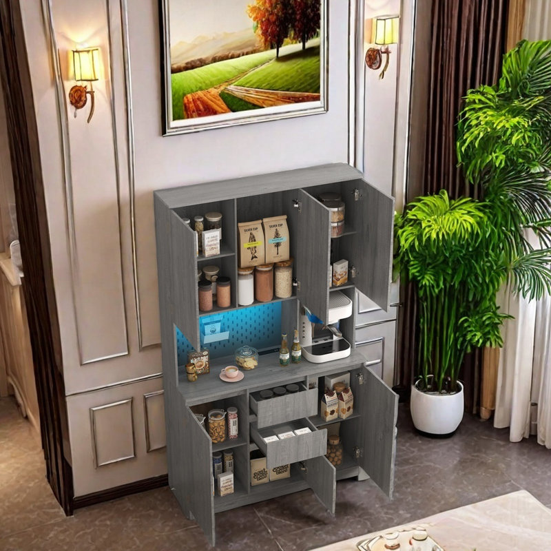 Armoire de cuisine autoportante avec 3 prises de courant alternatif et 2 ports USB, buffet moderne avec tiroir, lumières à DEL et support pour micro-ondes, armoires de buffet pour la cuisine