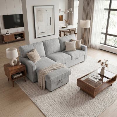 Upholstery Sleeper Sectional Sofa with Storage Space, USB Port and 2 Cup Holders on Back Cushions