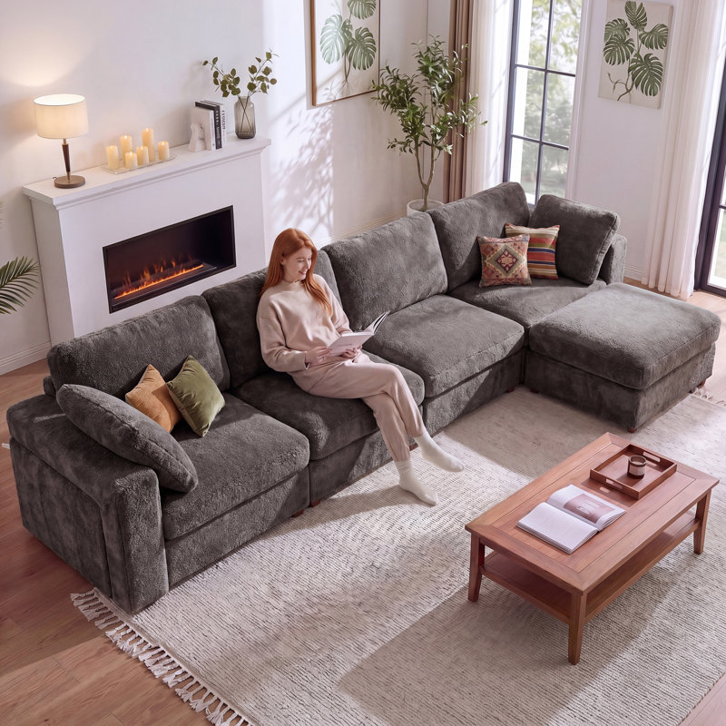 5 - Piece Teddy Modular Sectional Sofa Cloud Couch with Ottoman and 2 Storage Side Table, Gray, 4