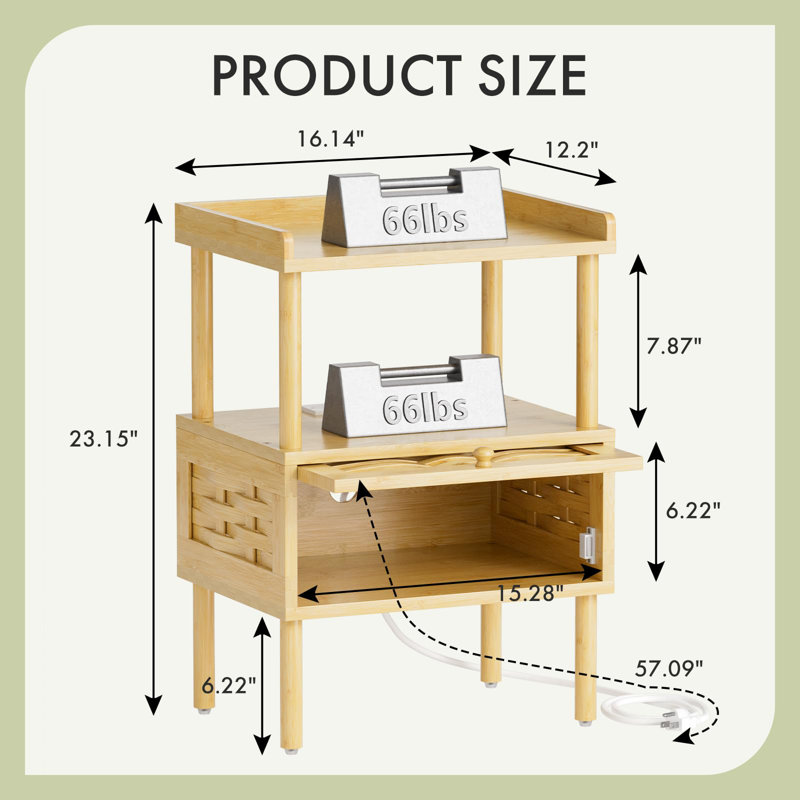 Table de chevet en bambou avec station de charge, table de chevet avec ports et prises USB, table de bout, table de chevet pour tiroir de chambre à coucher et tablette ouverte