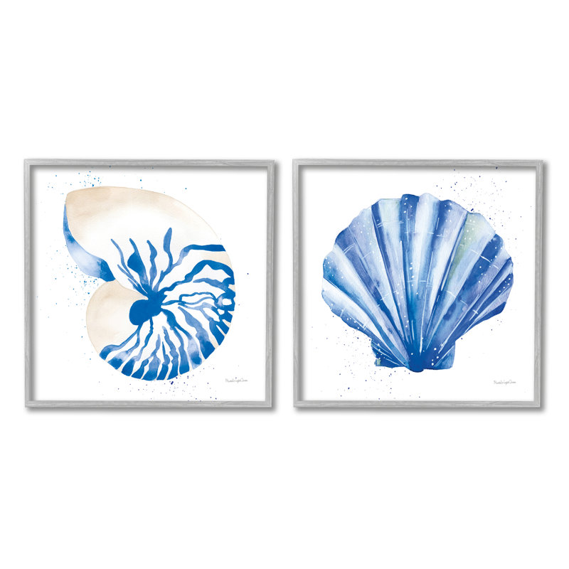 «Serene Blue Seashell Clam» par Mercedes Lopez Charro - ensemble de 2 peintures, H 24 po x l 24 po x P 1,5 po