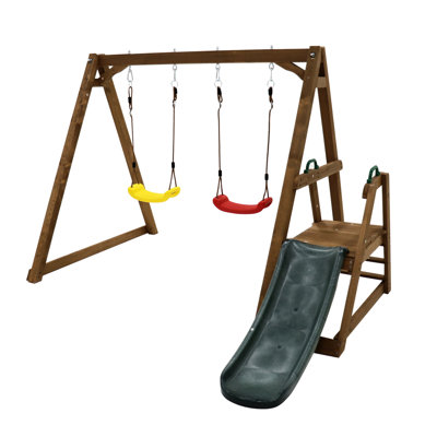 Balançoire extérieure - aire de jeu 2 en 1 avec glissade et corde d'escalade, bois massif, 3 10 ans, glissade de 120 cm, pieds robustes, poutre sécuritaire, supports de coin solides, stable, 98,8 L x 94,5 l 65,9 H