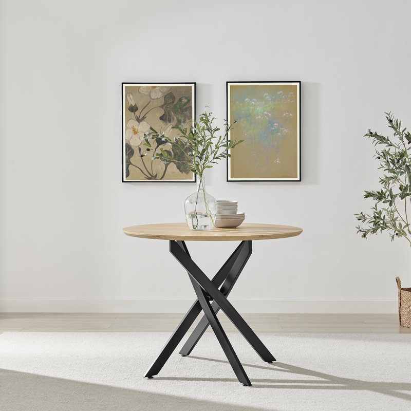 Hadlow Veneer & Metal Round Dining Table With Eubanks Fabric Chairs - Modern Statement Design, 4