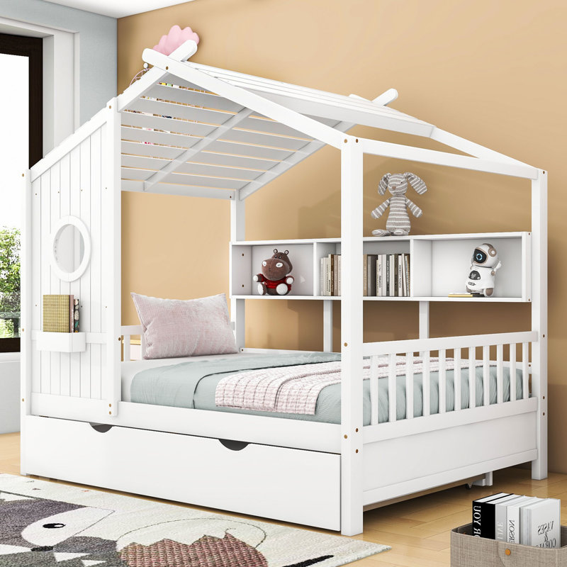 Lit plateforme en bois avec lit gigogne et tablettes de rangement, forme maison, Double, Blanc