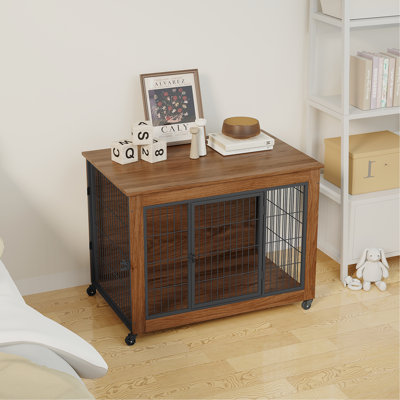 Mobilier de cage pour chien avec roulettes pour petits chiens, chenil robuste pour l'intérieur avec 2 portes, table de bout en bois pour cage pour animaux de compagnie, cage en métal robuste pour chien Anxiété