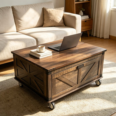 Table basse à plateau relevable rustique avec rangement, prises de courant et roues verrouillables